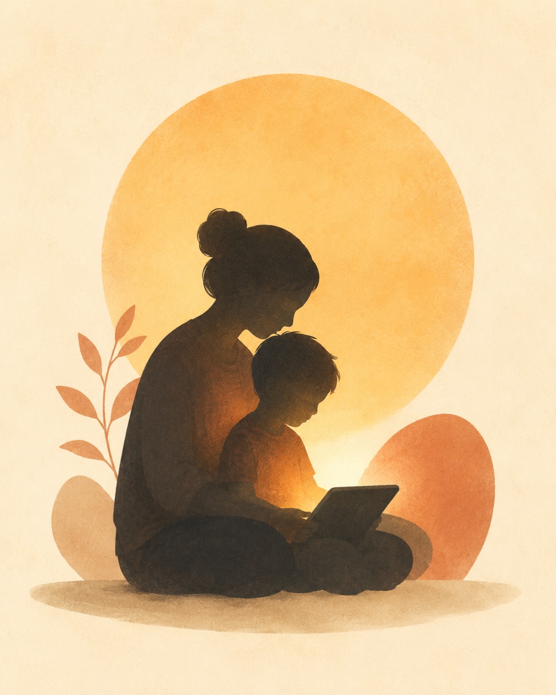 An illustration of a parent and child sitting close together while the child reads on a calm handheld device.