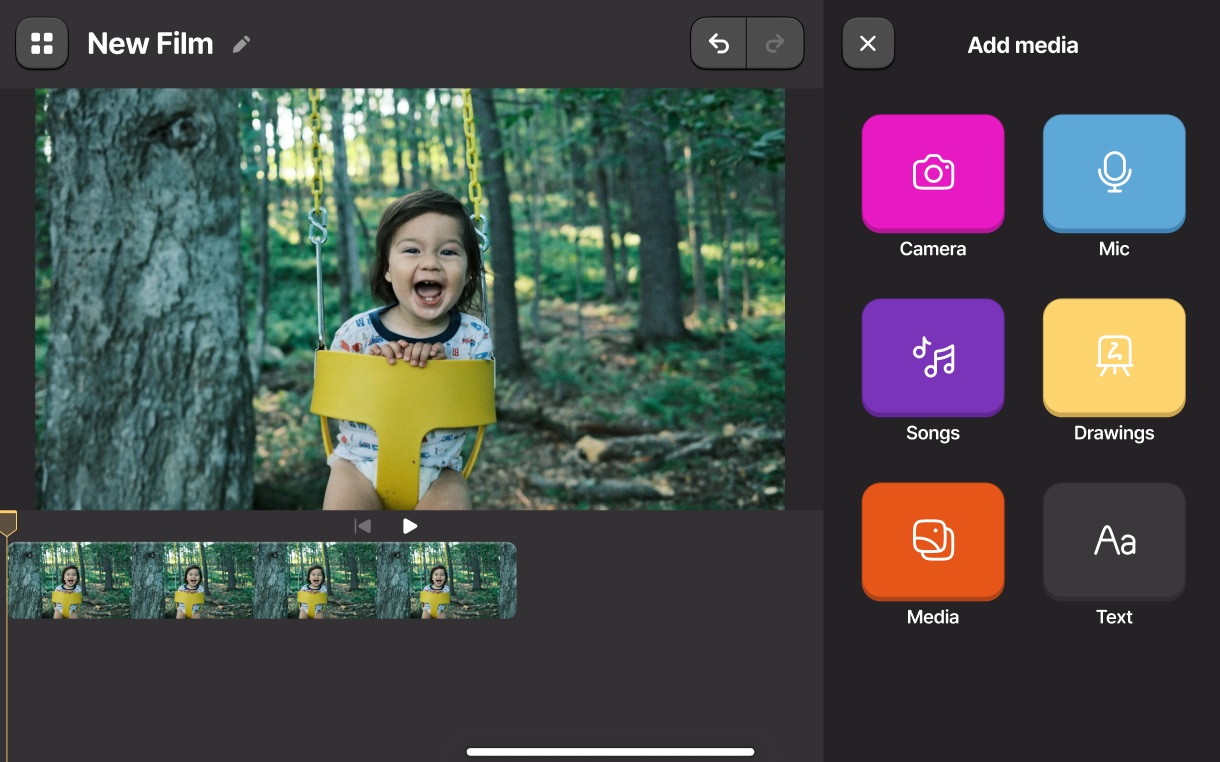 The Film tool: a film timeline with camera, mic, songs, and drawings to add