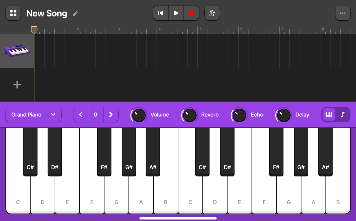 The Music tool: a song timeline and a playable piano keyboard